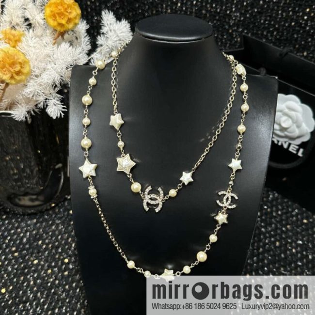 ☀️New ☑️ Chanel Double C Pentagram ⭐ Star Pearl Sweater Chain Necklace ☀️