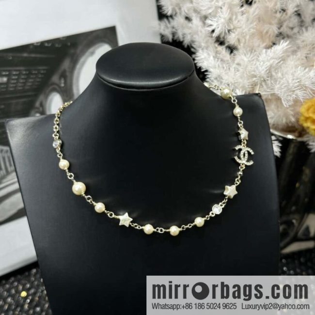 ☀️New ☑️ Chanel Full Diamond Double C Star ⭐ Pentagram Pearl Necklace ☀️