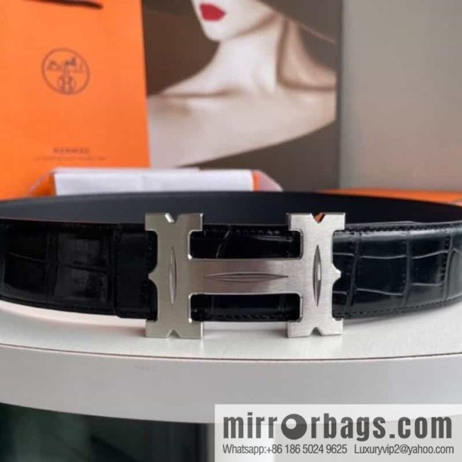 Hermès - Fareest belt buckle & imported cowhide pressed crocodile leather belt 38cm - Image 2