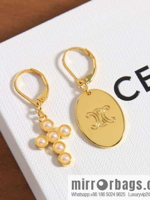 ☀️New ☑️ Celine Asymmetrical Pearl Cross Oval Stud Earrings ☀️