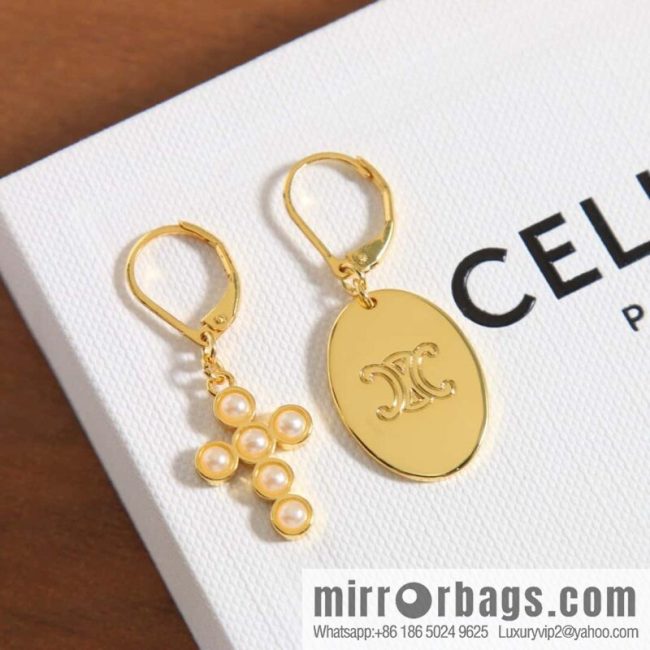 ☀️New ☑️ Celine Asymmetrical Pearl Cross Oval Stud Earrings ☀️