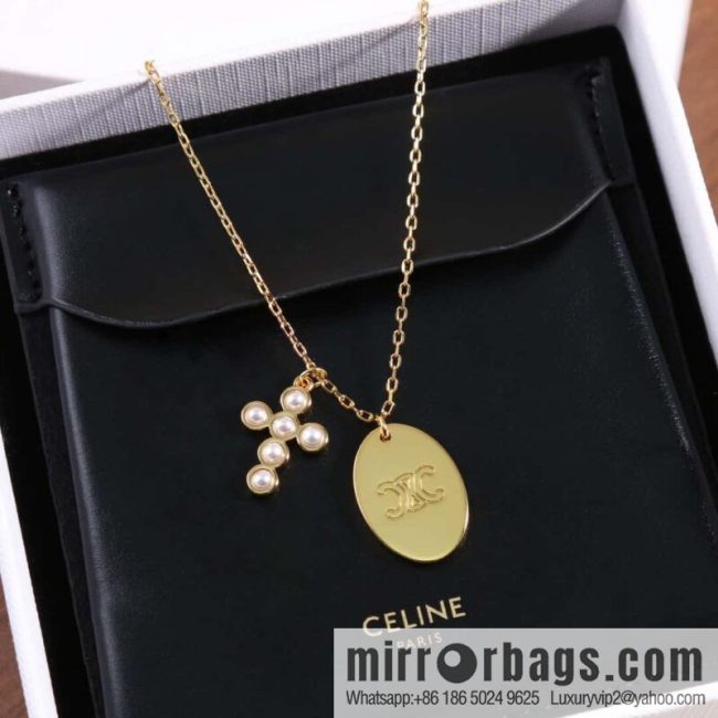 ❗️New ❗️ ☀️ New ☑️ Celine Pearl Cross Oval Long Necklace, Double Wear