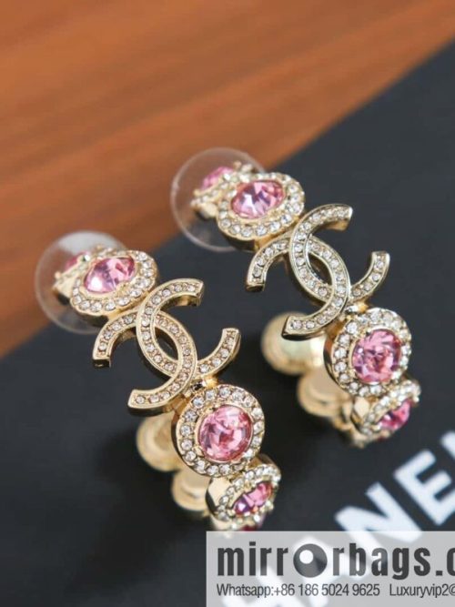 New, Chanel C1 double c semicircular pink diamond stud earrings.