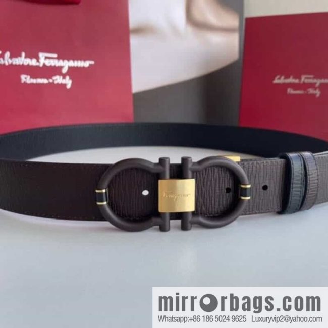 Salvatore Ferragamo Men\'s 3.5cm Delicate Double Circle Horseshoe Counter Version Metal Buckle Imported First Layer Cowhide Embossed Belt - Image 3