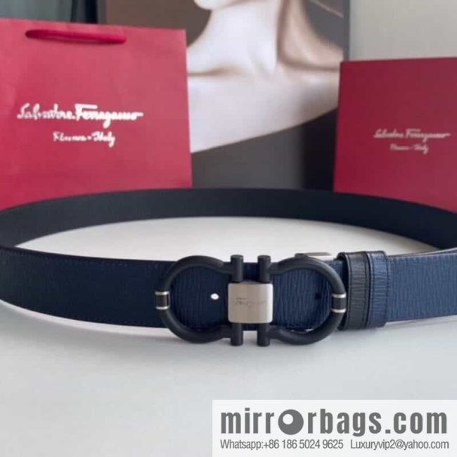Salvatore Ferragamo Men\'s 3.5cm Delicate Double Circle Horseshoe Counter Version Metal Buckle Imported First Layer Cowhide Embossed Belt - Image 2