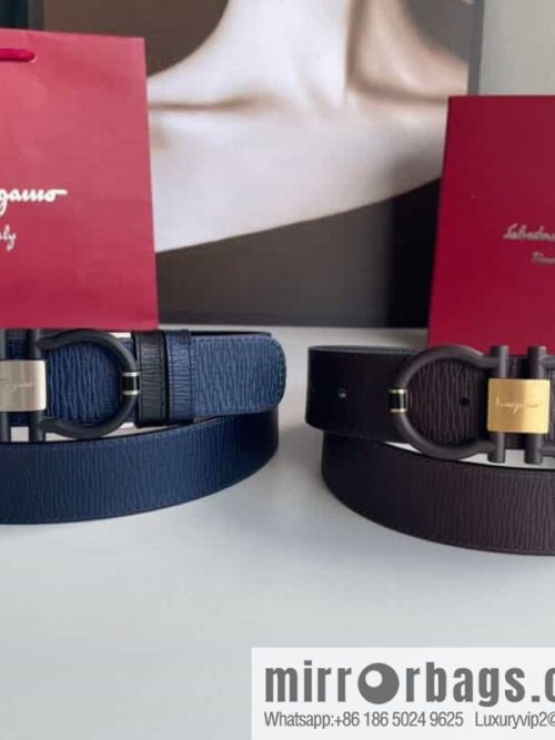 Salvatore Ferragamo Men\'s 3.5cm Delicate Double Circle Horseshoe Counter Version Metal Buckle Imported First Layer Cowhide Embossed Belt