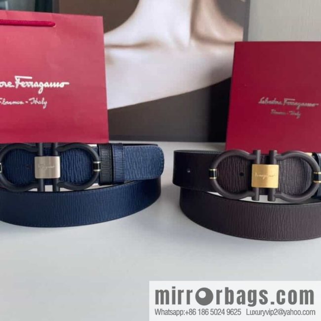 Salvatore Ferragamo Men\'s 3.5cm Delicate Double Circle Horseshoe Counter Version Metal Buckle Imported First Layer Cowhide Embossed Belt
