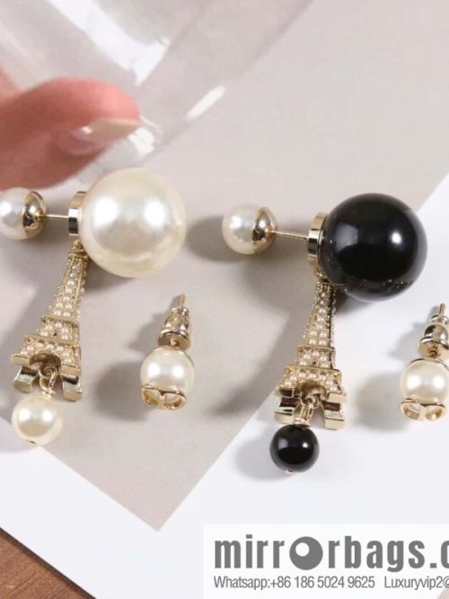 New ☑️ DIOR Asymmetrical Black Pearl Eiffel Tower Earrings