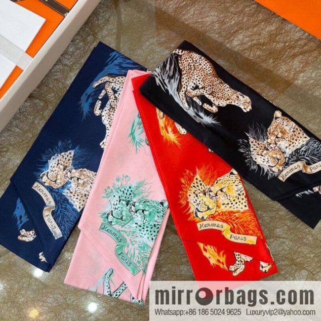 Hermes \"Cheetah\" 100% Silk Twilly Long Silk Scarf