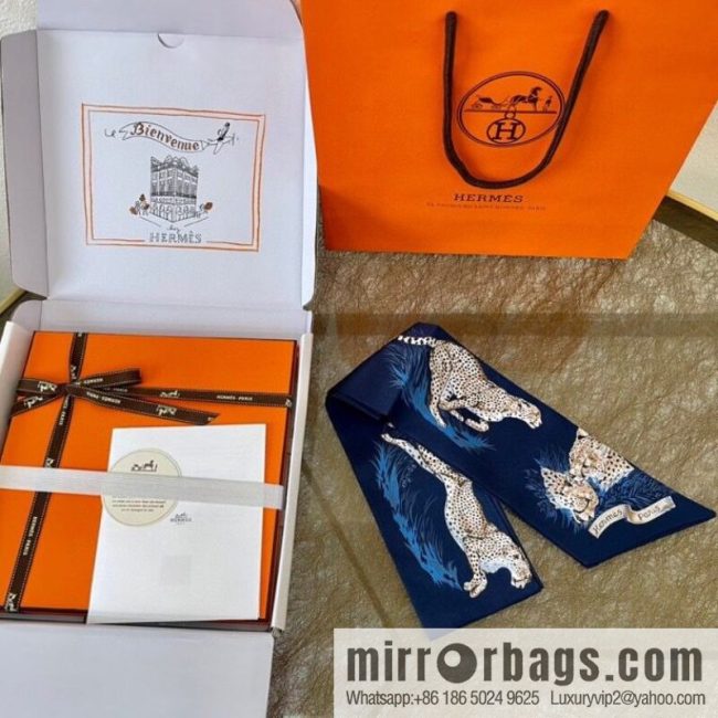 Hermes \"Cheetah\" 100% Silk Twilly Long Silk Scarf - Image 2