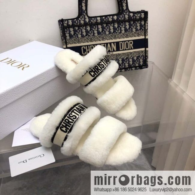 🐰🐰2023-Dior/Dior, white embroidered striped logo velvet one-word flat slippers autumn and winter new wool slippers