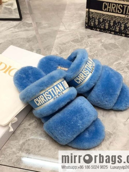 🐰🐰2023-Dior/Dior, white embroidered striped logo velvet one-word flat slippers autumn and winter new wool slippers