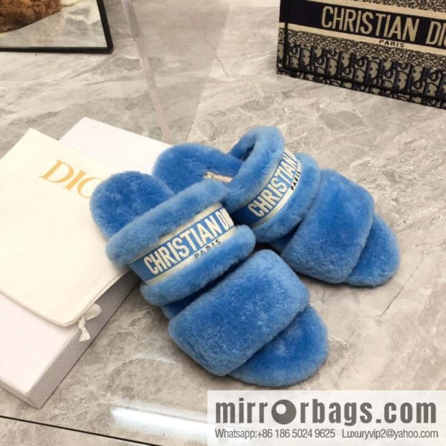 🐰🐰2023-Dior/Dior, white embroidered striped logo velvet one-word flat slippers autumn and winter new wool slippers