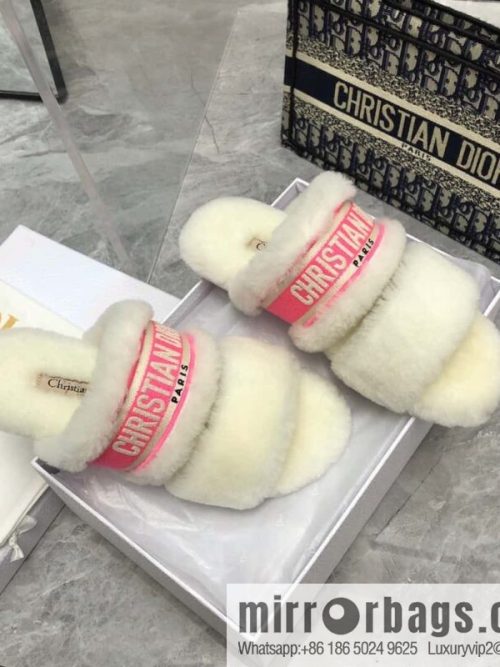🐰🐰2023-Dior/Dior, white embroidered striped logo velvet one-word flat slippers autumn and winter new wool slippers