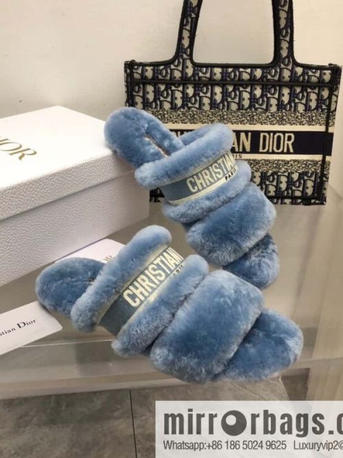 🐰🐰2023-Dior/Dior, white embroidered striped logo velvet one-word flat slippers autumn and winter new wool slippers