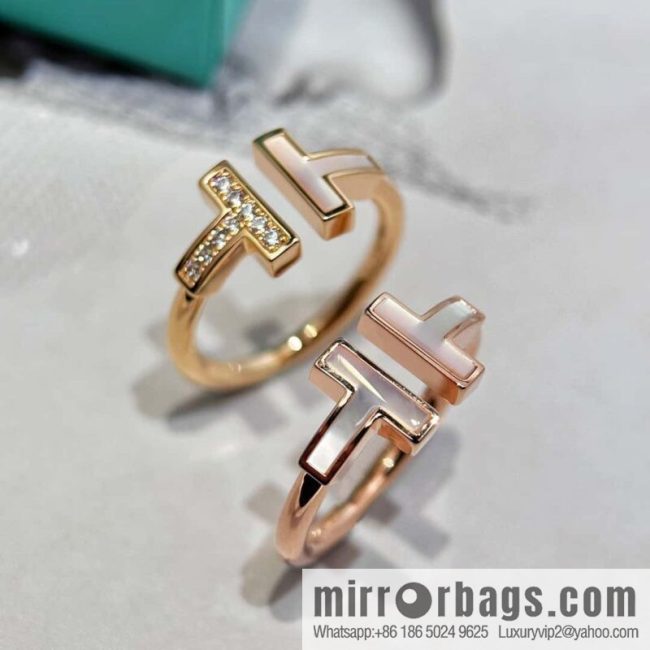 ☀️Tiffany & co Tiffany, classic T series, white shell belt diamond rose gold double T ring ☀️