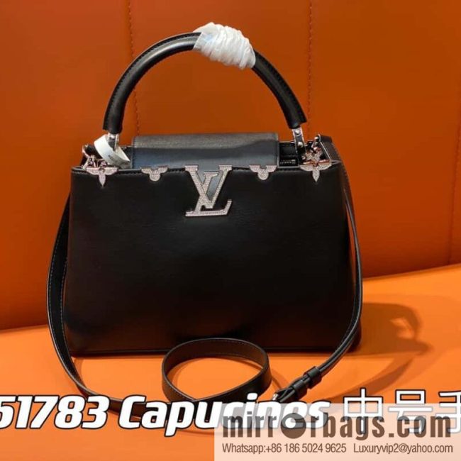 [Original order boutique] M51783 black full leather cap that English series, flower crown and white diamond Capucines medium handbag