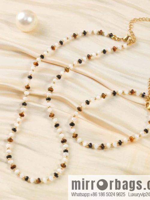 ☀️New ☑️ Celine natural tiger\'s eye stone white fritillary beaded necklace bracelet