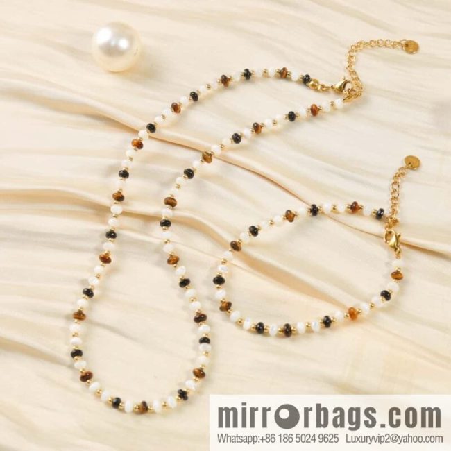 ☀️New ☑️ Celine natural tiger\'s eye stone white fritillary beaded necklace bracelet