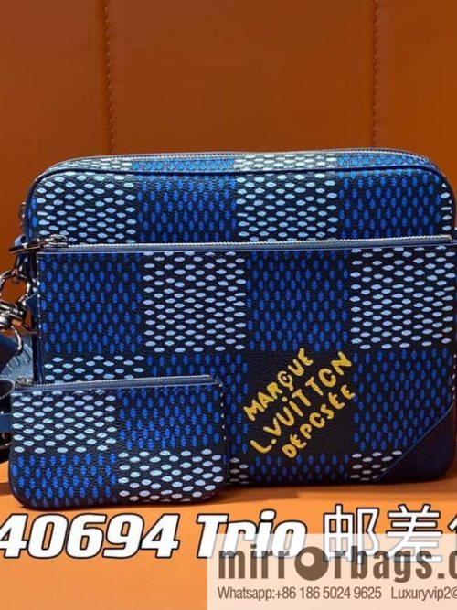 [Original order boutique] N40694 blue grid, men\'s bag messenger bag three-piece series Trio messenger bag