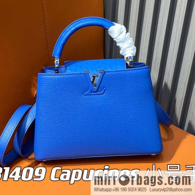 [Original order boutique] M81409 blue ostrich, full leather cap that English series Capucines small handbag