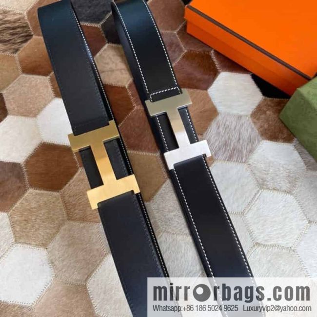 Hermes Hermes, fine steel four-corner solder joint metal buckle with first layer cowhide double-sided men\'s 3.8cm belt - Image 2