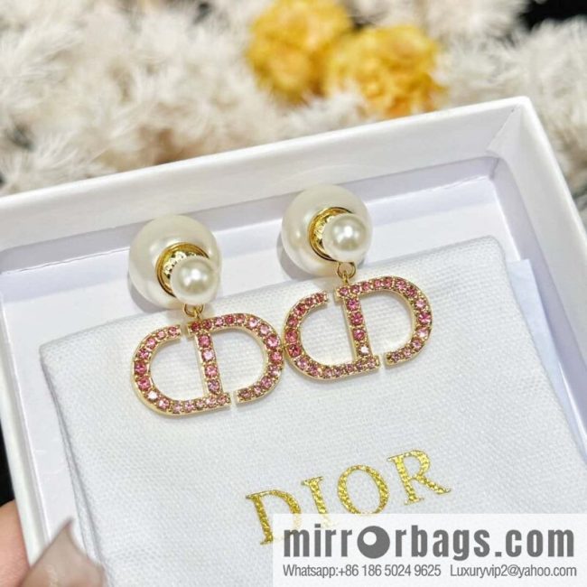 New ☑️ DIOR Dior Pink Diamond CD Size Pearl Earrings Earrings