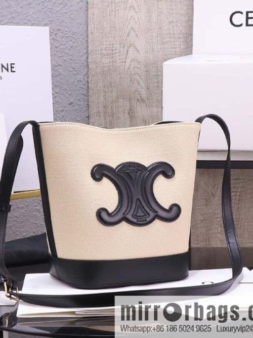 [Premium quality, all-steel hardware] 23s new product | CELINE CUIR TRIOMPHE small striped fabric leather bucket bag 23s new fabric series, number: 198243DU3.04LU