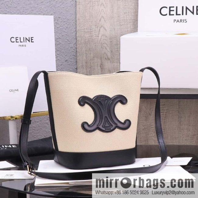 [Premium quality, all-steel hardware] 23s new product | CELINE CUIR TRIOMPHE small striped fabric leather bucket bag 23s new fabric series, number: 198243DU3.04LU