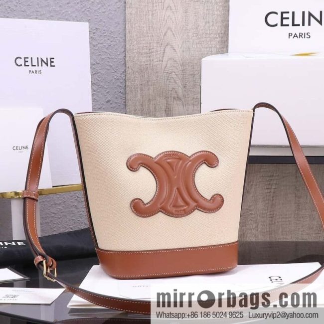 [Premium quality, all-steel hardware] 23s new product | CELINE CUIR TRIOMPHE small striped fabric leather bucket bag 23s new fabric series, number: 198243DU3.04LU