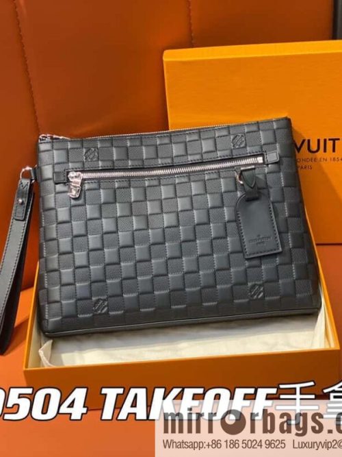 [Original single boutique] N40504 black full leather pressing grid, clutch bag series TAKEOFF clutch bag