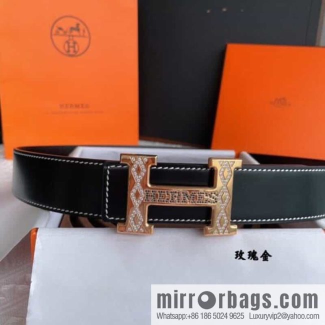 Hermès, stainless steel h inlaid with diamond metal buckle men\'s 3.8cm first-layer cowhide belt - Image 3