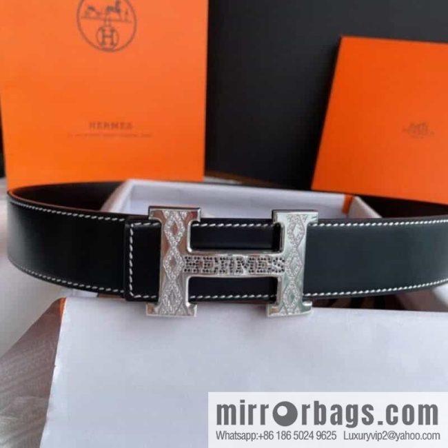 Hermès, stainless steel h inlaid with diamond metal buckle men\'s 3.8cm first-layer cowhide belt - Image 2