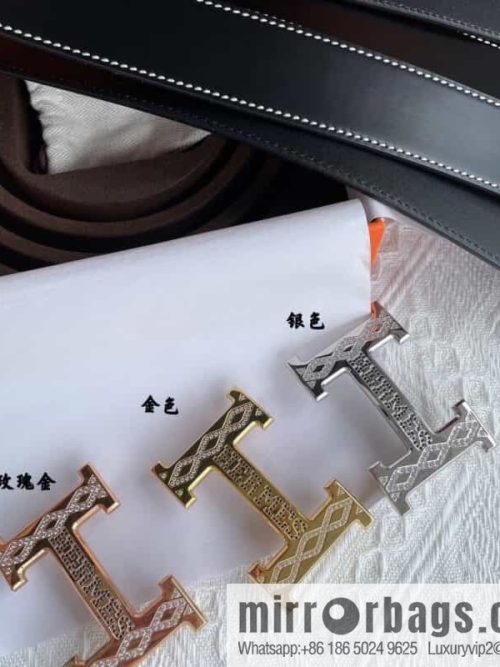 Hermès, stainless steel h inlaid with diamond metal buckle men\'s 3.8cm first-layer cowhide belt