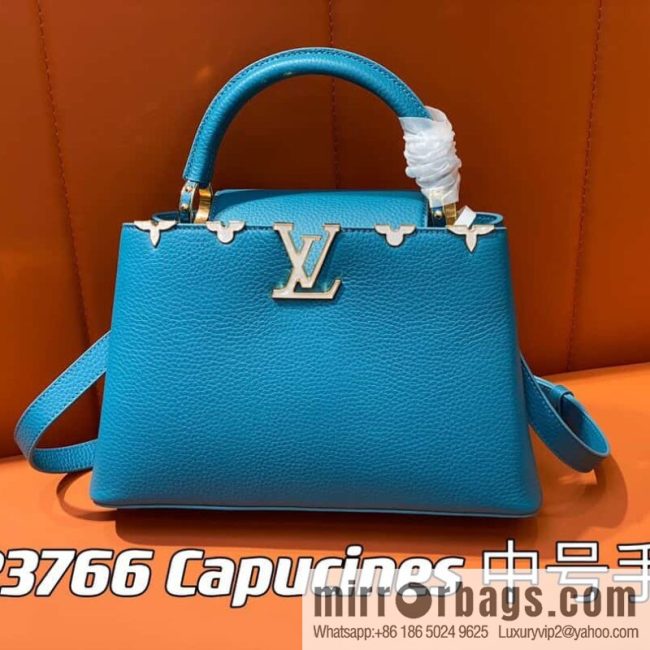 [Original order boutique] M23766 blue flower crown, full leather cap, that English series Capucines medium handbag