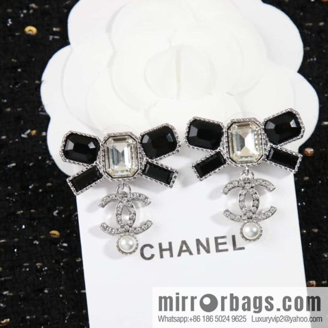☀️New ☑️ Chanel double c black bow earrings stud earrings