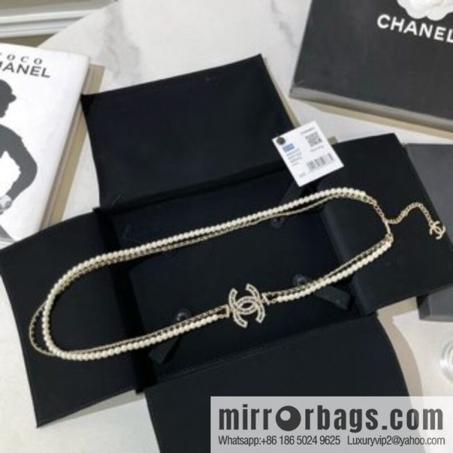 CHANEL Chanel Double C Black Leather Rope Double Pearl Necklace Sweater Chain