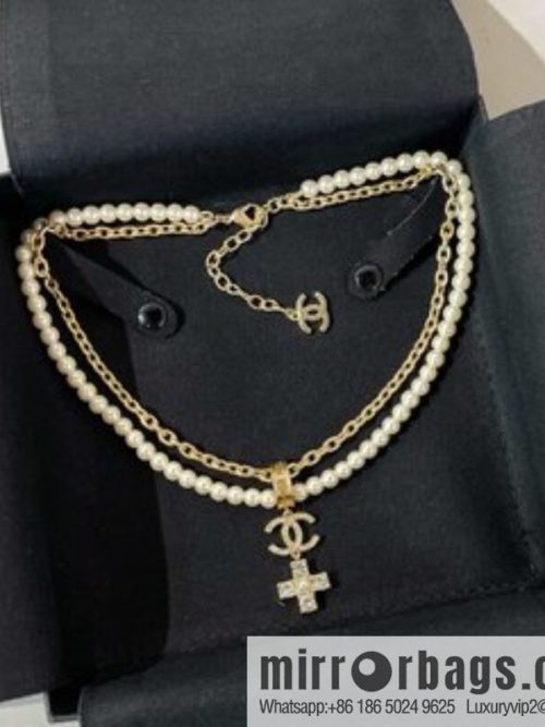 CHANEL Chanel Double C Cross Double Pearl Necklace