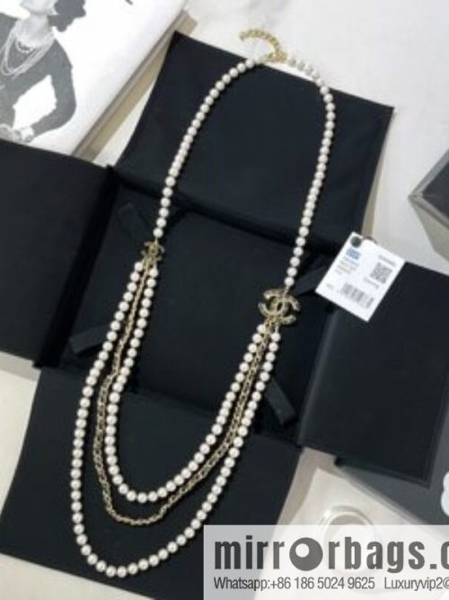 CHANEL Chanel Double C Black Leather Rope Pearl Necklace Sweater Chain