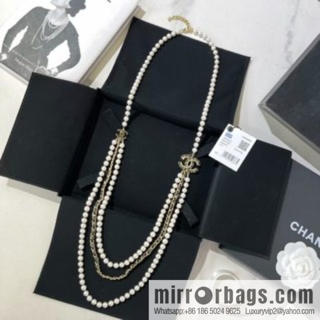 CHANEL Chanel Double C Black Leather Rope Pearl Necklace Sweater Chain