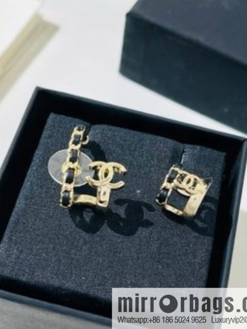 New ☑️ CHANEL Chanel black leather rope double c asymmetrical stud earrings clip
