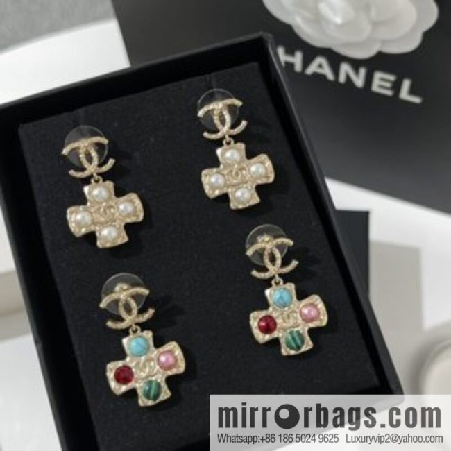 New ☑️ CHANEL Chanel double c cross pearl stud earrings