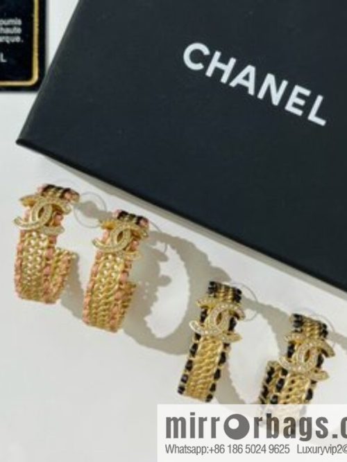 New ☑️ CHANEL Chanel double c pink black leather rope stud earrings