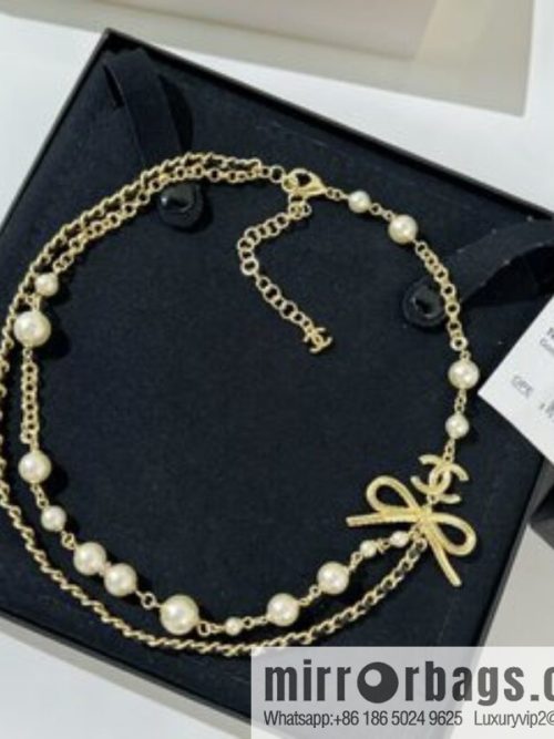 New ☑️ CHANEL Chanel bow black leather rope pearl necklace necklace necklace