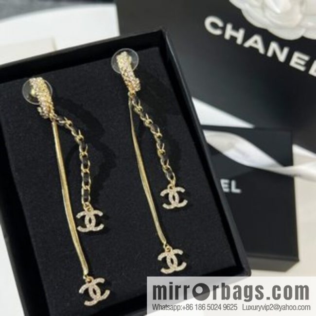 New ☑️ CHANEL Chanel double c tassel black leather rope stud earrings