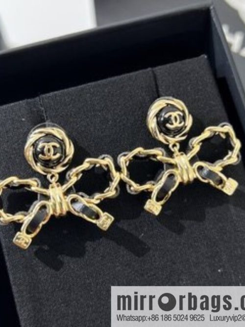 New ☑️ CHANEL Chanel double c black leather rope bow stud earrings