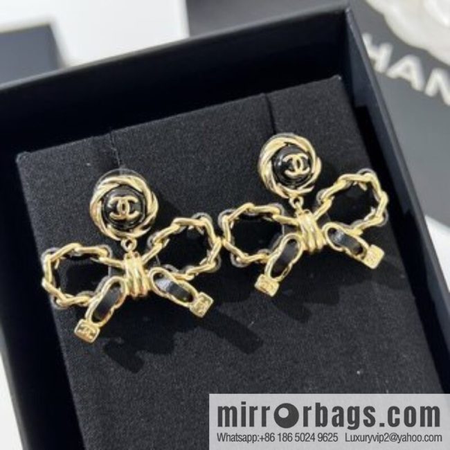 New ☑️ CHANEL Chanel double c black leather rope bow stud earrings