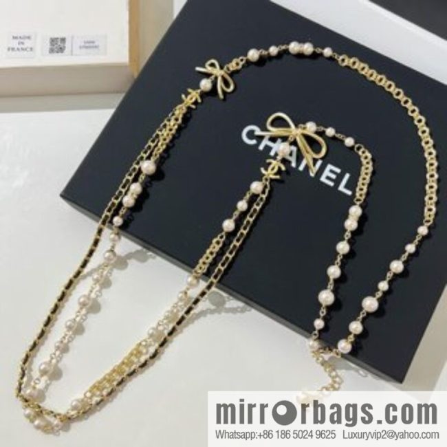 New ☑️ CHANEL Chanel double c black leather rope bow sweater chain necklace