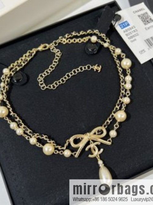 New ☑️ CHANEL Chanel Double C Bow Double Pearl Necklace