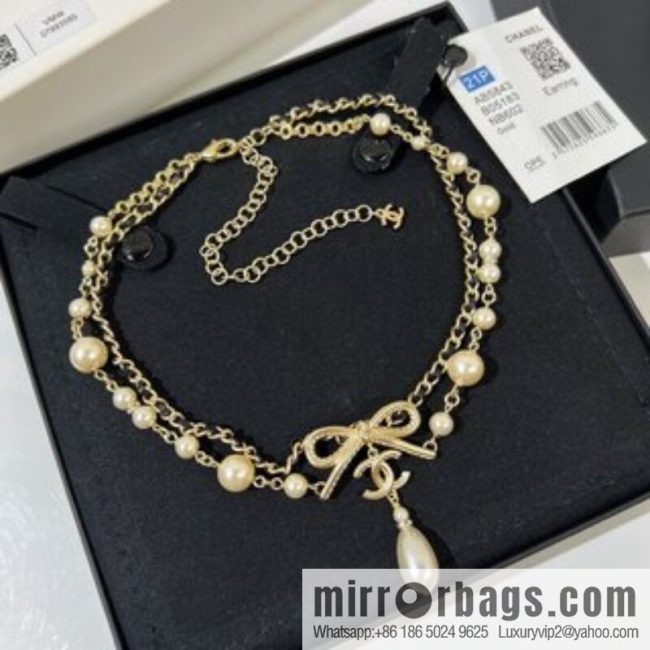 New ☑️ CHANEL Chanel Double C Bow Double Pearl Necklace